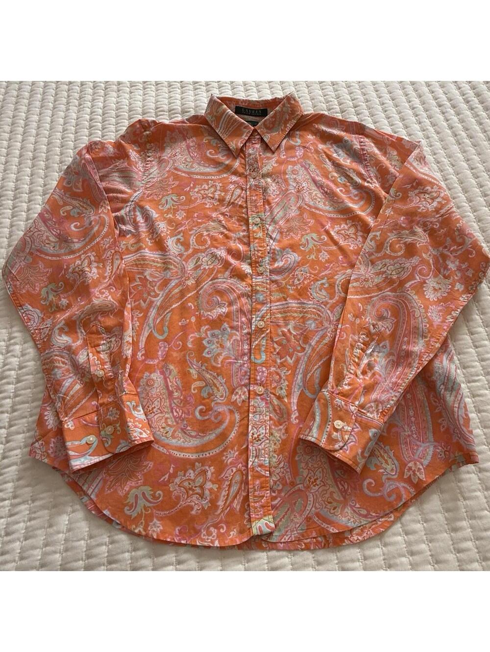 Lauren By Ralph Lauren Orange Paisley Button Down Shirt Long Sleeve Sz L Fits M